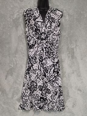 Sleeveless Black & White Floral Wrap Dress with Ring Detail